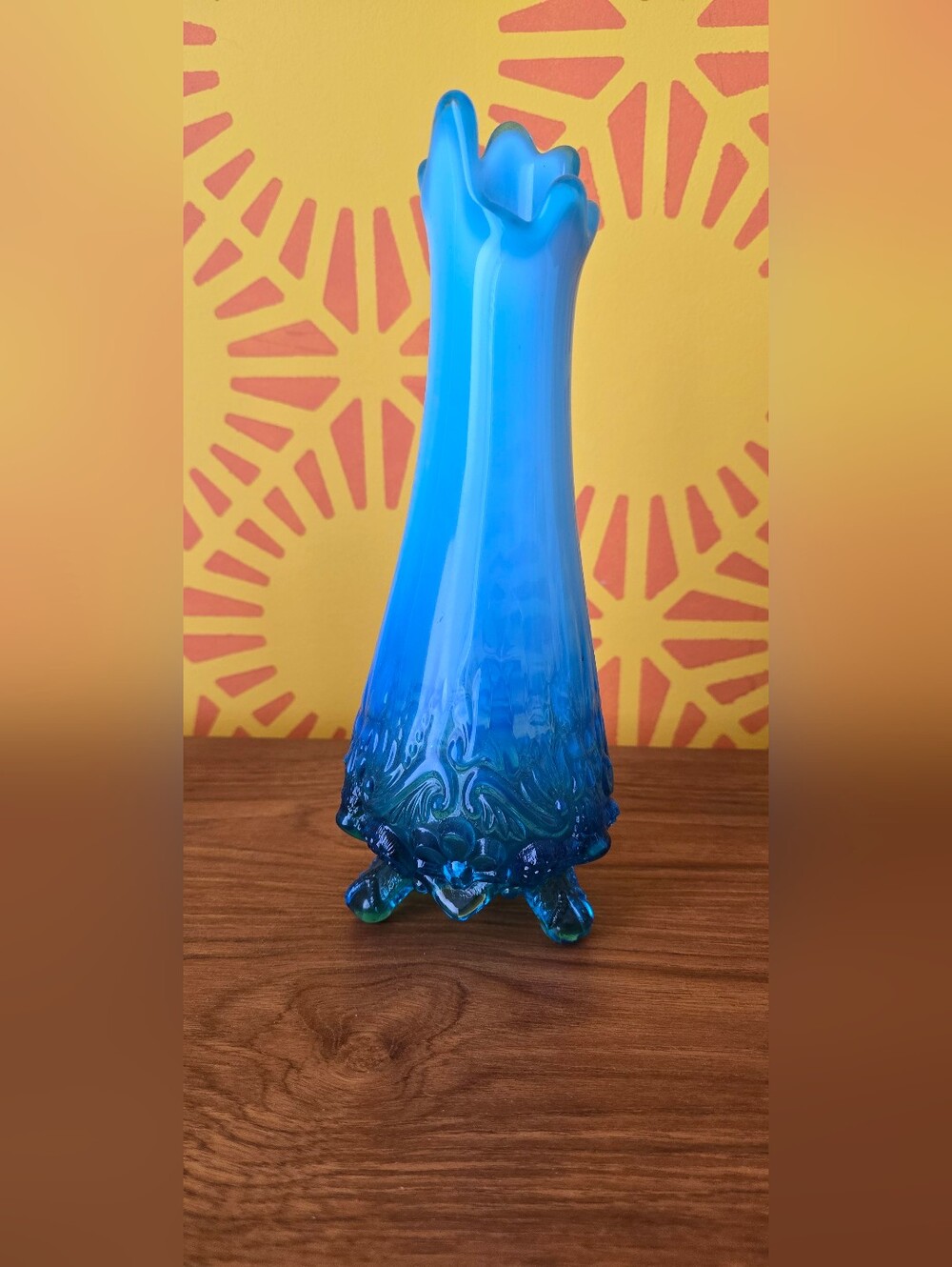 Vintage English Sowerby Blue Opal Piasa Bird Opalescent Glass Vase Whimsey TALL